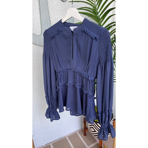 Cistar New York Blouse Ruffles Smocked Waist Balloon Sleeves Pleated Blueberry S - Picture 3 of 17